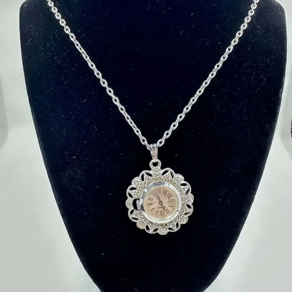 Vintage Swiss Made Pendant Watch Necklace Silver Tone Filigree Roman Numeral